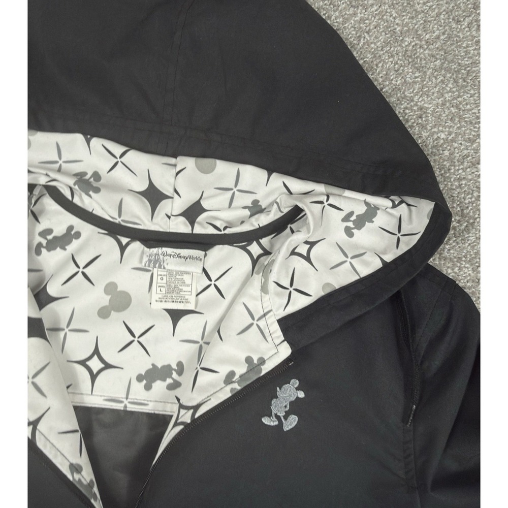 Disney World‎ Windbreaker Jacket Women L Black Hooded Mickey Print Zip